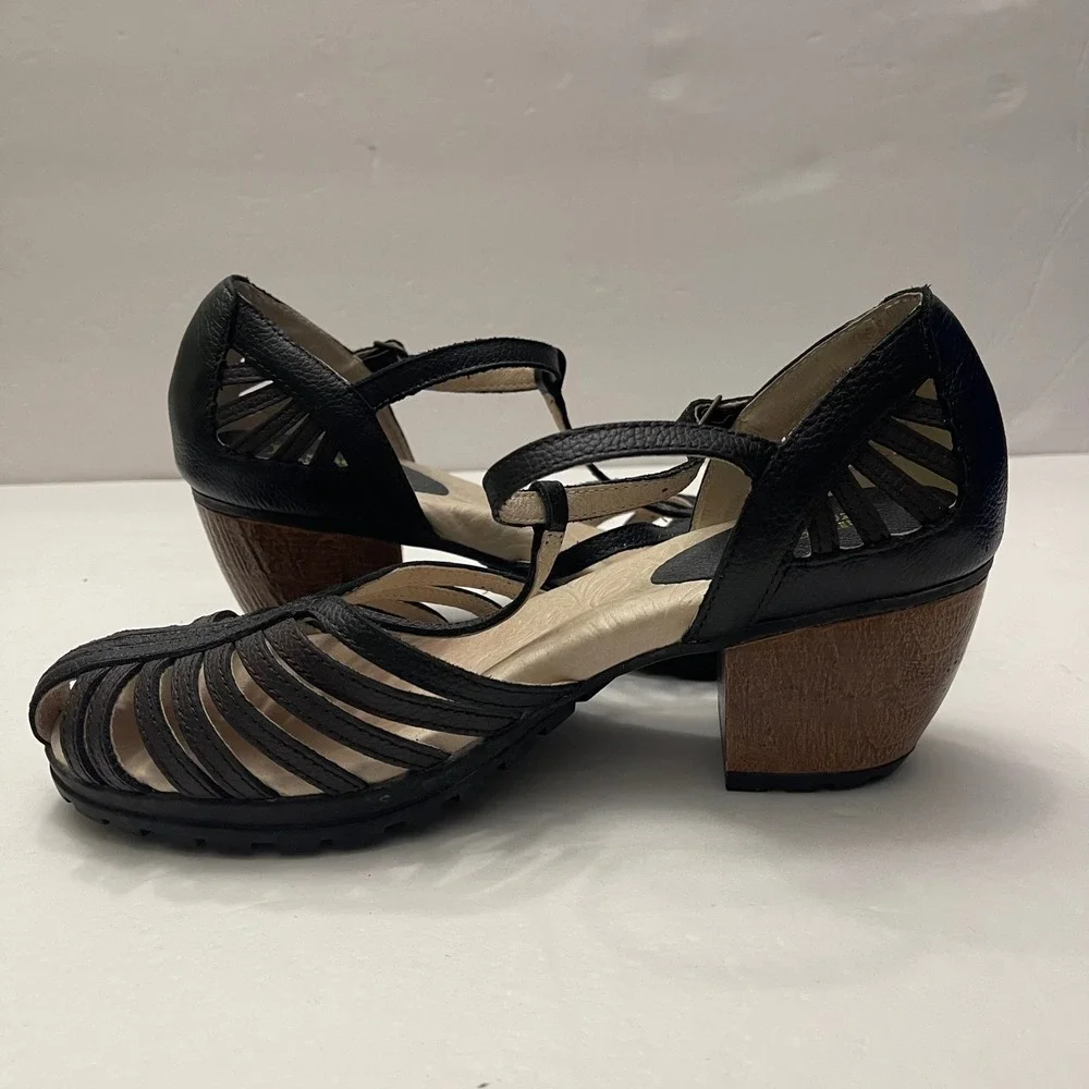 Jambu Sofia Black Leather T-Strap Caged Block Heel Sandals Womens 8M